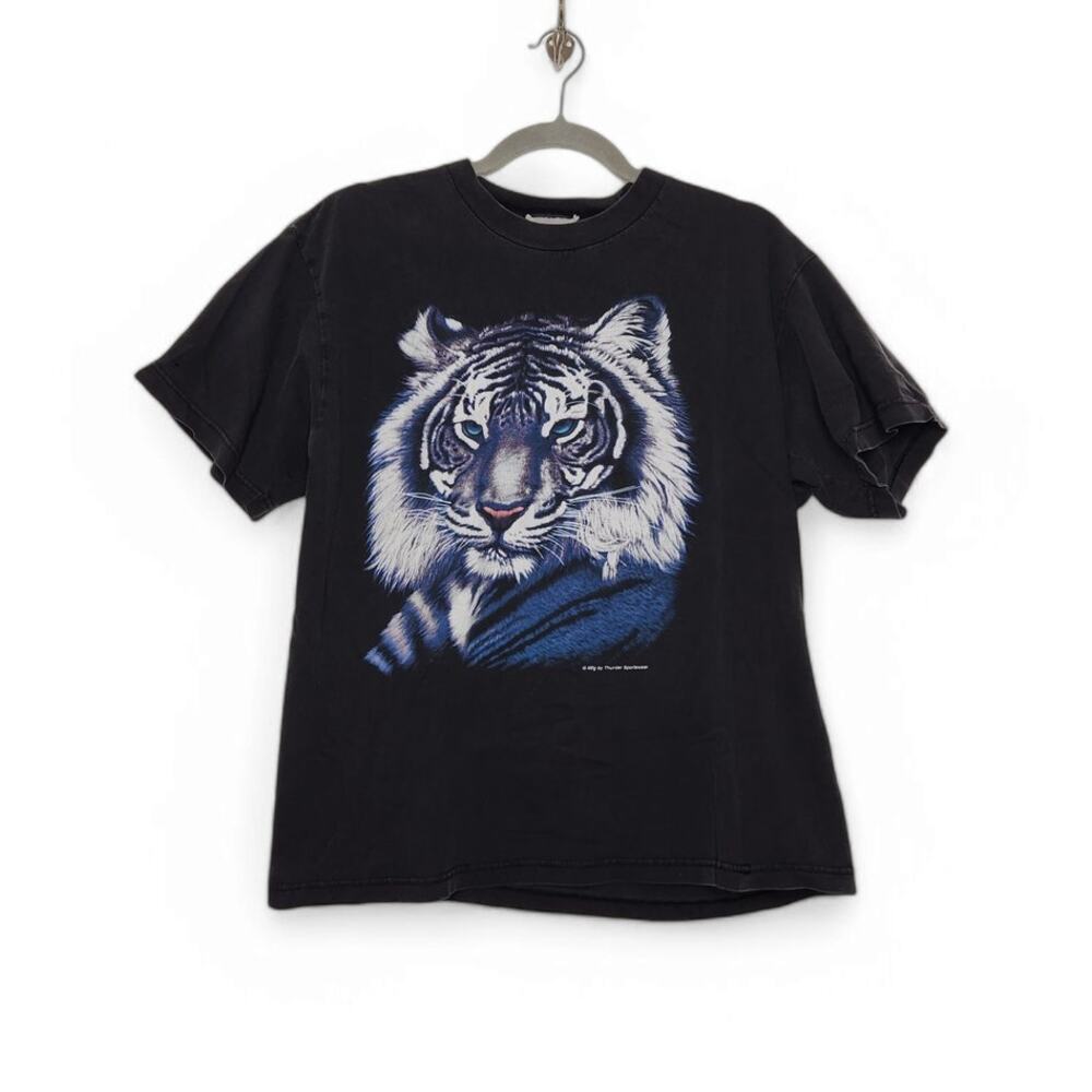 Vintage American Thunder Tiger White Black Distressed Boxy Worn Nature Animal